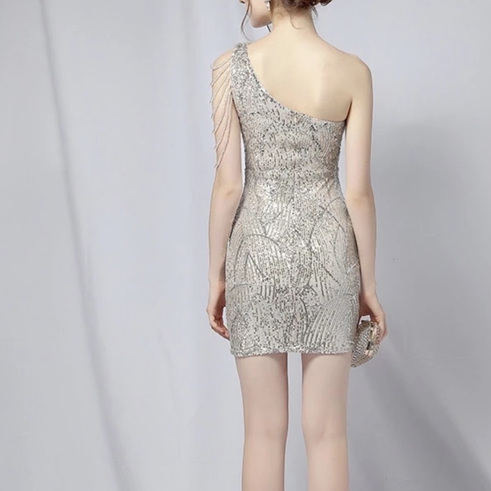 NWT One Shoulder Sequins Nude Dress - Picture 6 of 10